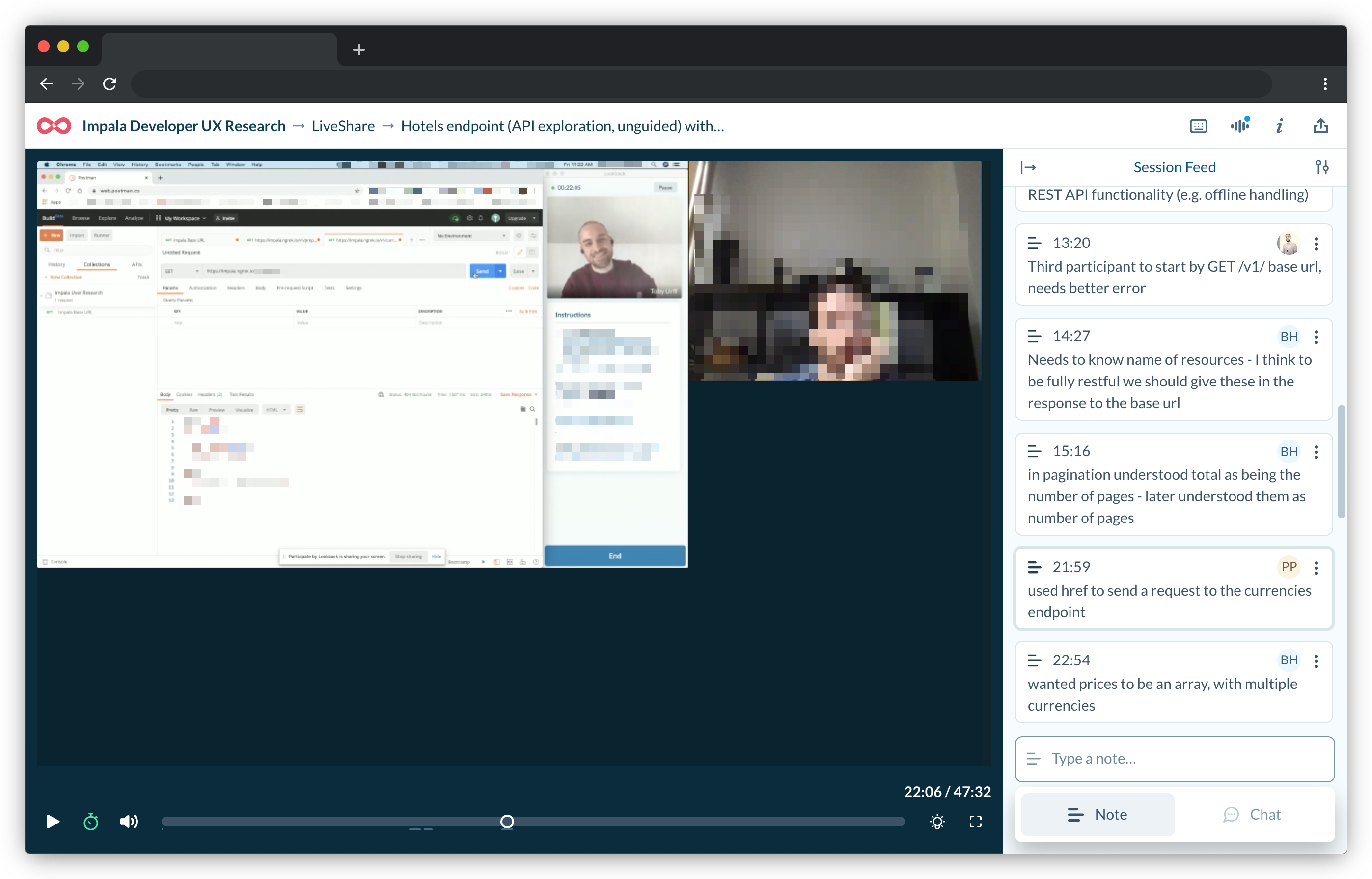 Screenshot of Lookback research session with time stamped notes