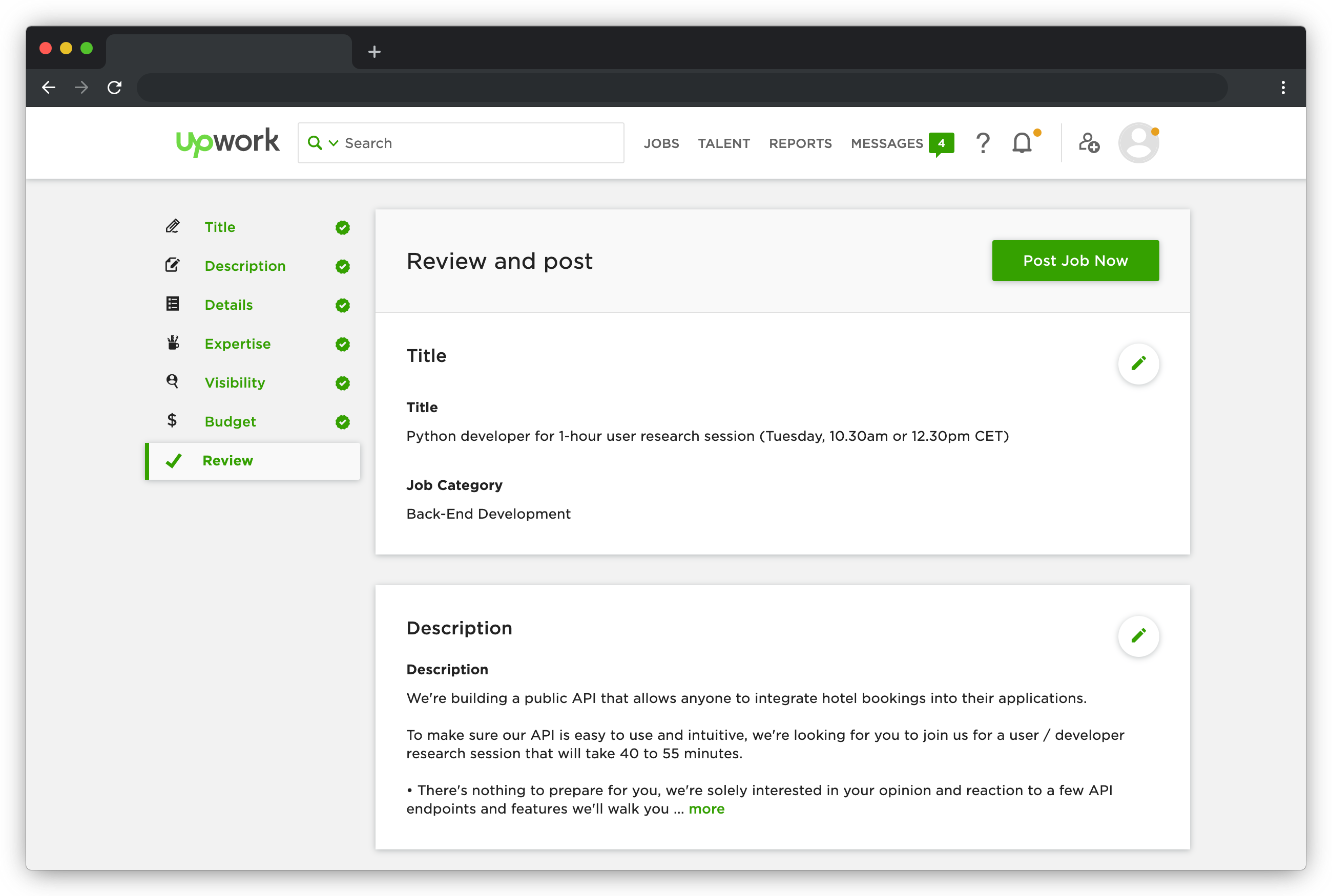 Screenshot of job post on Upwork to recruit developer participants for user research