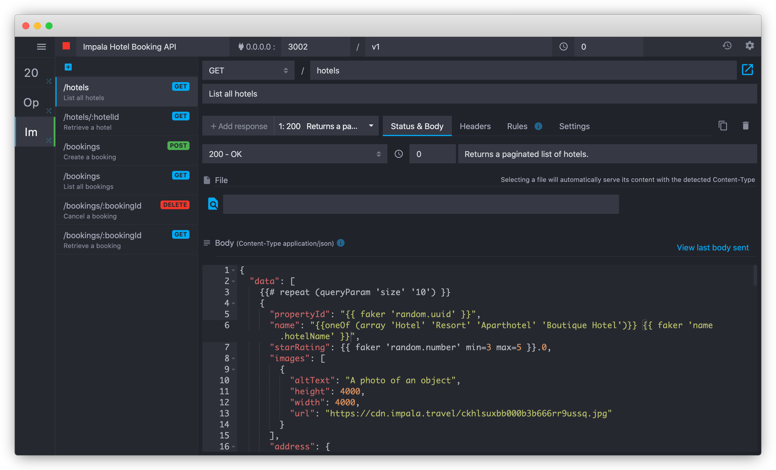 Screenshot of Liquid templating and Faker.js in Mockoon